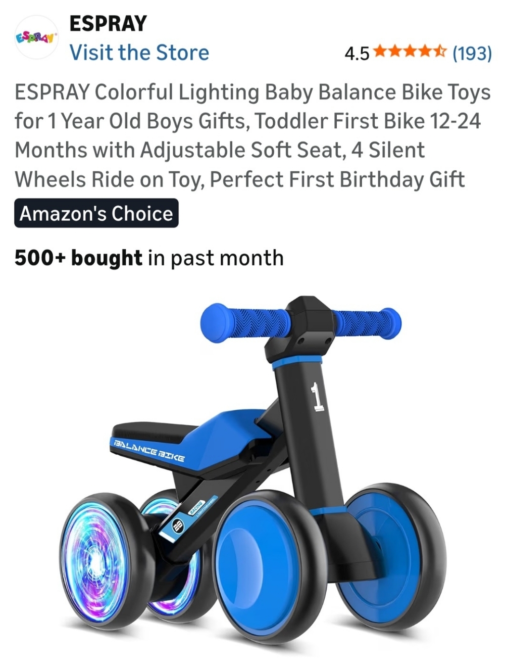 Blue Toddler Balance Bike - Light-Up Wheels